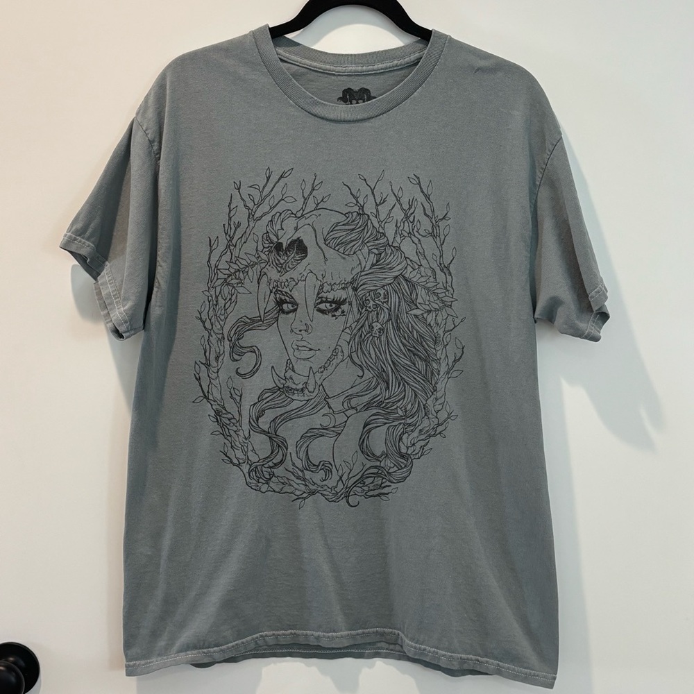 Mystic Goth Dark Boho Forest Warrior-Princess Grayish-Green Graphic Tee Large